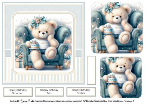 7x7 Birthday Teddies in Blue Chair Card Front 7, Sentiments and x2 Pyramage Layers