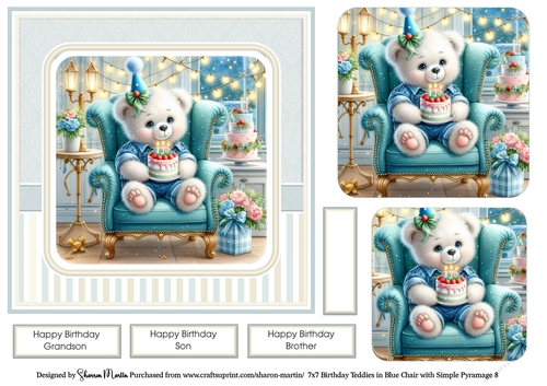 7x7 Birthday Teddies in Blue Chair Card Front 8, Sentiments and x2 Pyramage Layers