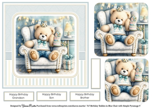7x7 Birthday Teddies in Blue Chair Card Front 9, Sentiments and x2 Pyramage Layers