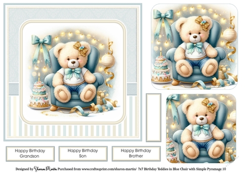 7x7 Birthday Teddies in Blue Chair Card Front 10, Sentiments and x2 Pyramage Layers