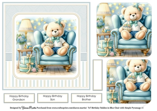 7x7 Birthday Teddies in Blue Chair Card Front 11, Sentiments and x2 Pyramage Layers