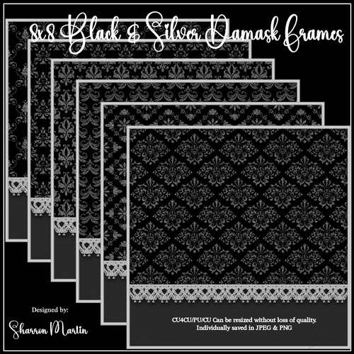 8x8 Black & Silver Damask Frames/Mats 1-6 in JPEG & PNG 