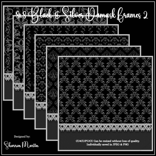 8x8 Black & Silver Damask Frames/Mats 7-12 in JPEG & PNG 