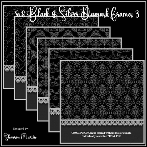 8x8 Black & Silver Damask Frames/Mats 13-18 in JPEG & PNG 