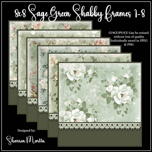 8x8 Sage Green Shabby Frames/Mats 1-6 in JPEG & PNG 