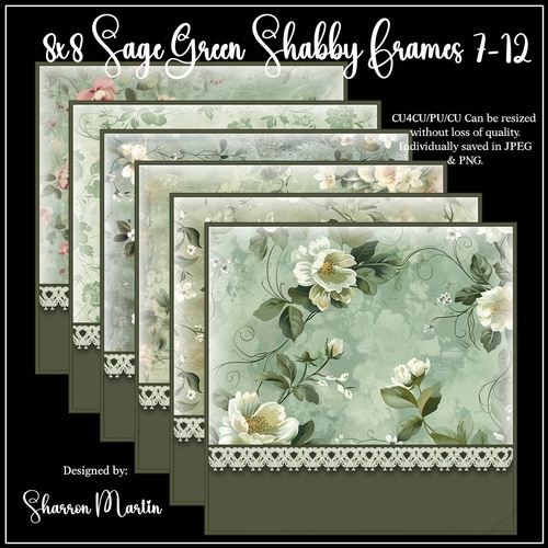 8x8 Sage Green Shabby Frames/Mats 7-12 in JPEG & PNG 