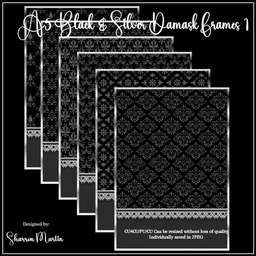 A5 Black & Silver Damask Frames/Mats 1-6 in JPEG 