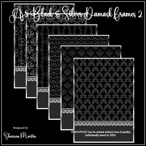 A5 Black & Silver Damask Frames/Mats 7-12 in JPEG 