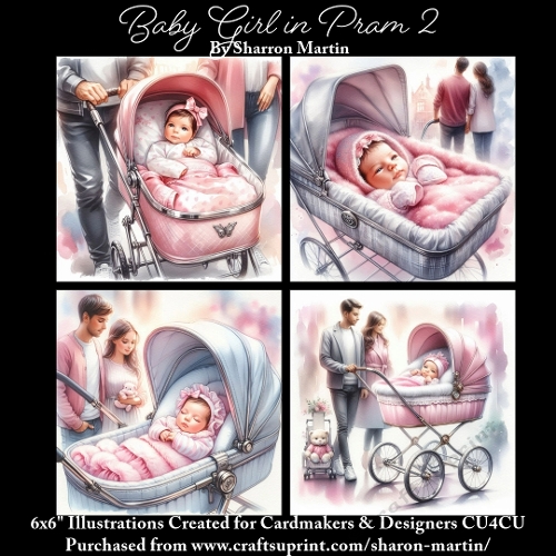 Baby Girl in Pram 1 - Illustrations for Cardmakers & Designers 
