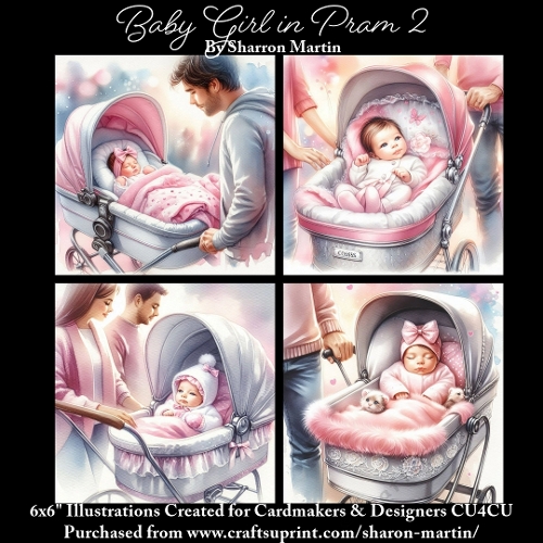 Baby Girl in Pram 2 - Illustrations for Cardmakers & Designers 