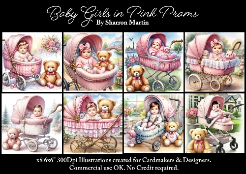 x8 Baby Girl in Pink Pram - Illustrations for Cardmakers & Designers  