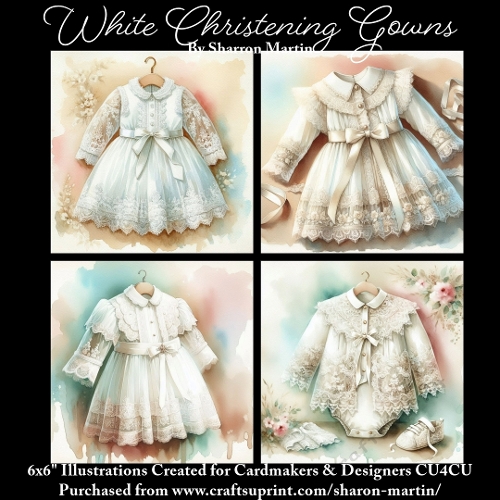 x4 White Christening Gowns - Illustrations for Cardmakers & Designers  
