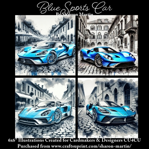 x4 Blue Sports Cars - Illustrations for Cardmakers & Designers  