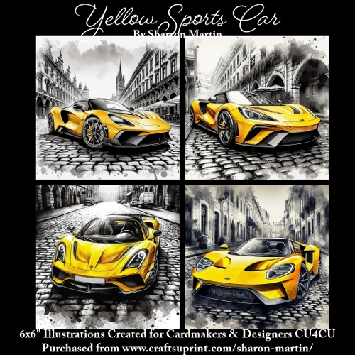 x4 Yellow Sports Cars - Illustrations for Cardmakers & Designers  