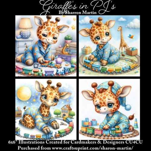 x4 Giraffes in PJs - Illustrations for Cardmakers & Designers  