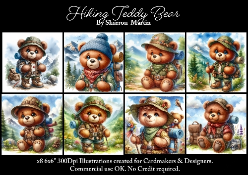 x8 Hiking Teddy Bears  - Illustrations for Cardmakers & Designers  