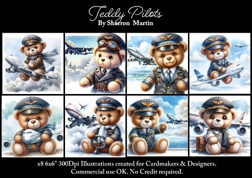 x8 Cute Teddy Pilots  - Illustrations for Cardmakers & Designers  