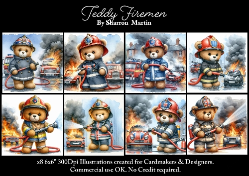 x8 Firemen Teddy Bears  - Illustrations for Cardmakers & Designers  