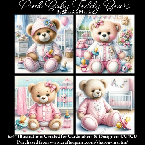 x4 Pink Baby Teddy Bears - Illustrations for Cardmakers & Designers  