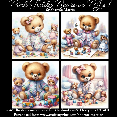 x4 Pink Baby Teddy Bears in PJS 1 - Illustrations for Cardmakers & Designers  