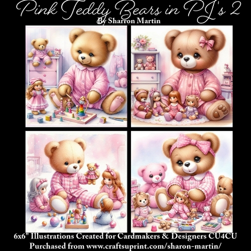 x4 Pink Baby Teddy Bears in PJS 2 - Illustrations for Cardmakers & Designers  