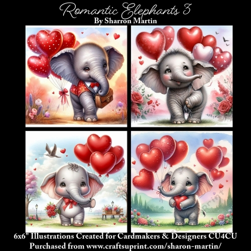 x4 Romantic Elephants 3 - Illustrations for Cardmakers & Designers  