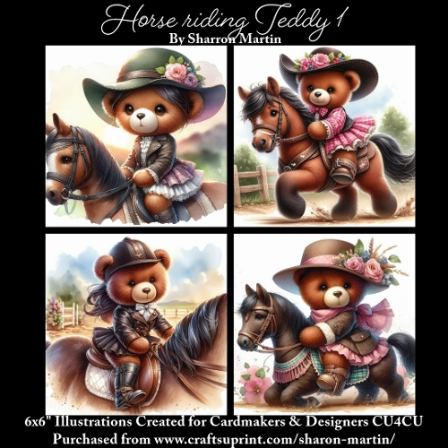 x4 Horse riding Teddy 1 - Illustrations for Cardmakers & Designers  