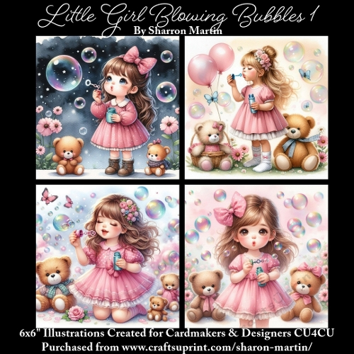 x4 Girl Blowing Bubbles 1 - Illustrations for Cardmakers & Designers  