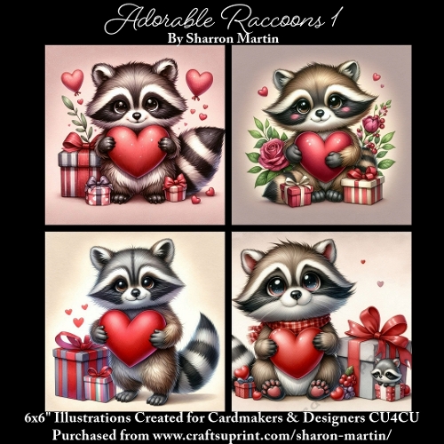 x4 Adorable Raccoons 1 - Illustrations for Cardmakers & Designers  