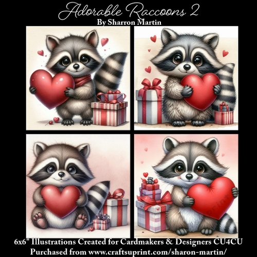 x4 Adorable Raccoons 2 - Illustrations for Cardmakers & Designers  