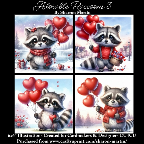x4 Adorable Raccoons 3 - Illustrations for Cardmakers & Designers  
