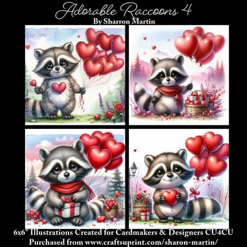 x4 Adorable Raccoons 4 - Illustrations for Cardmakers & Designers  