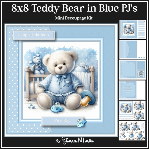8x8 Teddy Bear in Blue PJs Mini Decoupage Kit - x6 A4 Sheets 