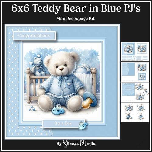 6x6 Teddy Bear in Blue PJs Mini Decoupage Kit - x4 A4 Sheets 