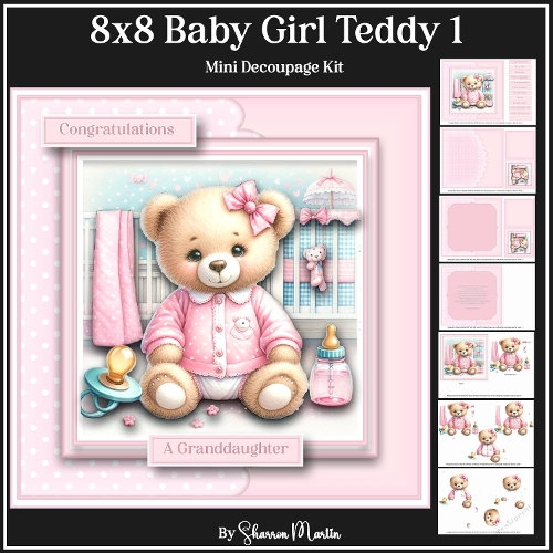 8x8 Baby Girl Teddy 1 - Mini Decoupage Kit - x7 A4 Sheets