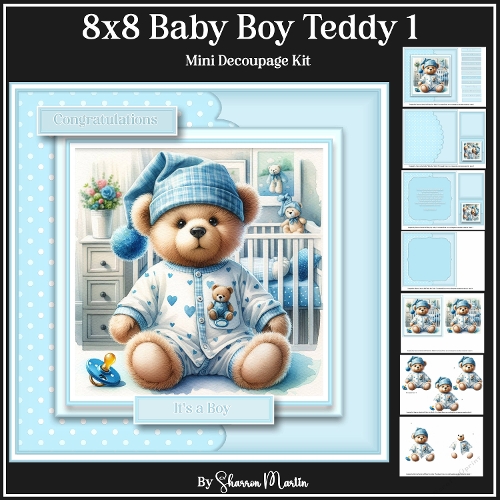 8x8 Baby Boy Teddy 1 - Mini Decoupage Kit - x7 A4 Sheets