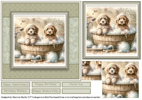 7x7 Cockapoo Dogs in the tub Quick Card 
