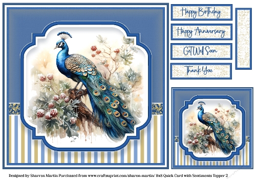 8x8 Beautiful Peacock 2 - Quick Card with Gift Tag and Sentiments 