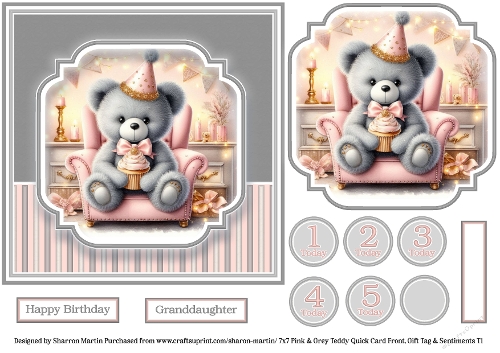 7x7 Pink & Grey Teddy - Quick Card with Topper, Sentiments & Numbers 