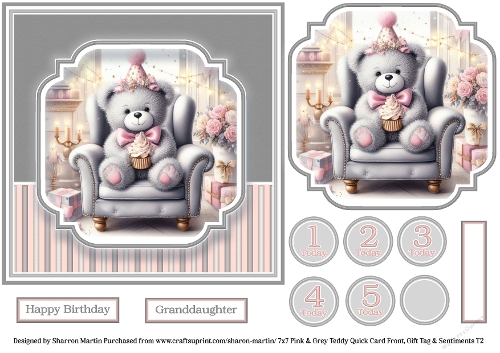 7x7 Pink & Grey Teddy - Quick Card with Topper, Sentiments & Numbers T2