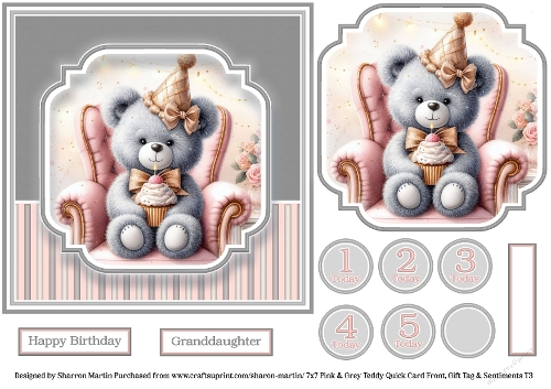 7x7 Pink & Grey Teddy - Quick Card with Topper, Sentiments & Numbers T3