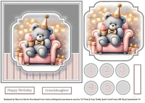 7x7 Pink & Grey Teddy - Quick Card with Topper, Sentiments & Numbers T4