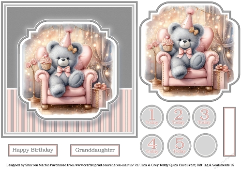 7x7 Pink & Grey Teddy - Quick Card with Topper, Sentiments & Numbers T5