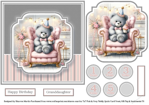7x7 Pink & Grey Teddy - Quick Card with Topper, Sentiments & Numbers T6