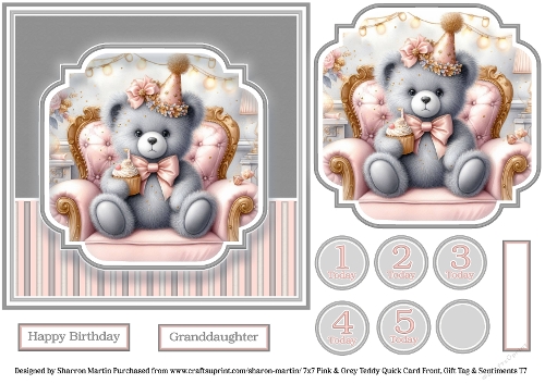 7x7 Pink & Grey Teddy - Quick Card with Topper, Sentiments & Numbers T7