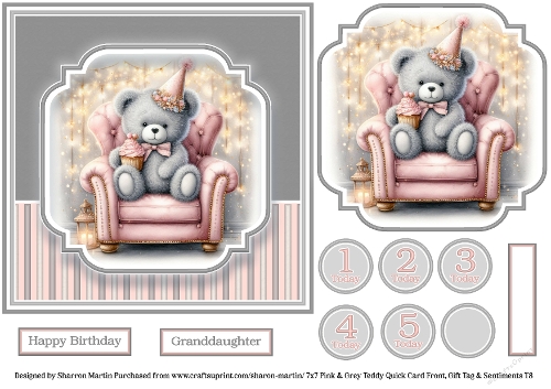 7x7 Pink & Grey Teddy - Quick Card with Topper, Sentiments & Numbers T8