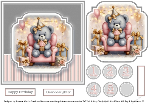 7x7 Pink & Grey Teddy - Quick Card with Topper, Sentiments & Numbers T9