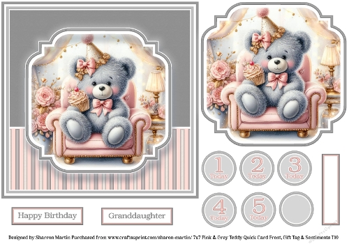 7x7 Pink & Grey Teddy - Quick Card with Topper, Sentiments & Numbers T10