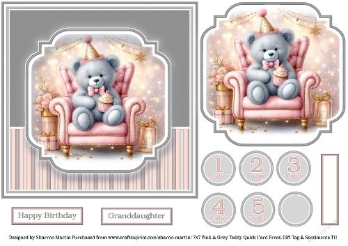 7x7 Pink & Grey Teddy - Quick Card with Topper, Sentiments & Numbers T11