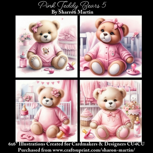 6x6 Pink Teddy Bears 5 - Illustrations for Cardmaking & Designers